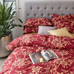 Eastern Floral Chinoiserie Blossom Print Duvet Quilt Cover Navy Blue Tan White Asian Style Botanical Tree Branches Ornamental Drawing 400TC Egyptian Cotton 3pc Bedding Set (King, Garnet)