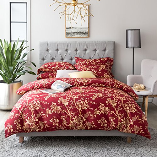 Eastern Floral Chinoiserie Blossom Print Duvet Quilt Cover Navy Blue Tan White Asian Style Botanical Tree Branches Ornamental Drawing 400TC Egyptian Cotton 3pc Bedding Set (King, Garnet)