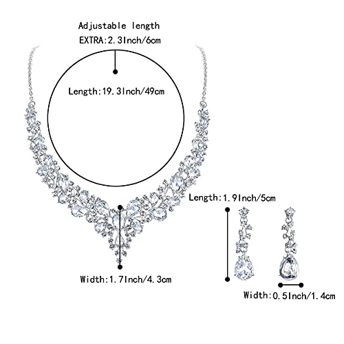 BriLove Wedding Bridal Necklace Earrings Jewelry Set for Women Austrian Crystal Teardrop Cluster Statement Necklace Dangle Earrings Set Clear Silver-Tone