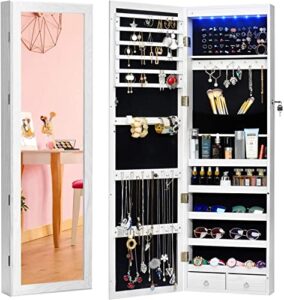 twing jewelry armoire with mirror for door, 6 leds over the door mirror jewelry cabinet, wall jewelry organizer, over door mirror with jewelry storage, lockable mirror with storage, makeup organizer