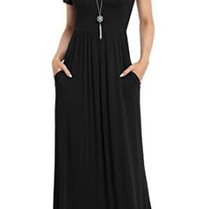 VIISHOW Women's Short Sleeve Loose Plain Maxi Dresses Casual Long Dresses with Pockets(Black, Large)