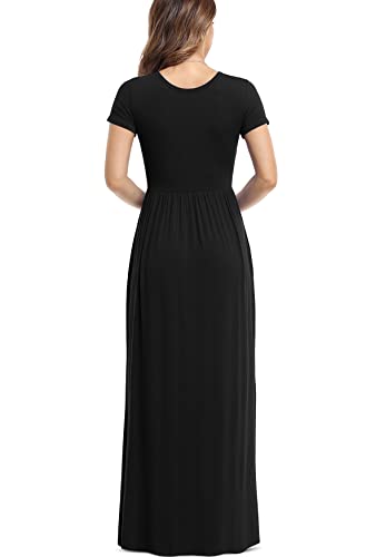 VIISHOW Women's Short Sleeve Loose Plain Maxi Dresses Casual Long Dresses with Pockets(Black, Large)