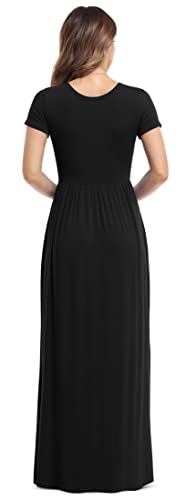 VIISHOW Women's Short Sleeve Loose Plain Maxi Dresses Casual Long Dresses with Pockets(Black, Large)