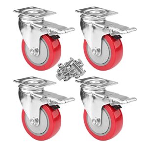 4" swivel plate caster wheels, pritek heavy duty metal caster wheels lock the top plate and the wheels replacement for industrial trailer or large home furniture (bearing 300lbs each, set of 4)