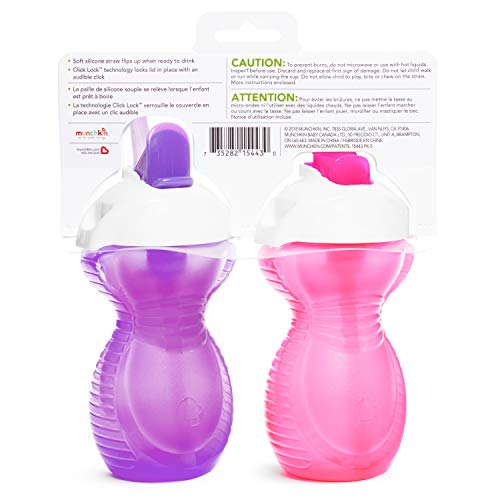 Munchkin® Click Lock™ Flip Straw Toddler Cup, 9 Ounce, 2 Pack, Pink/Purple