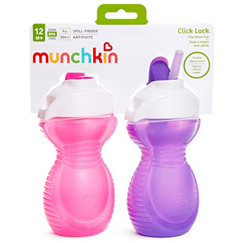 Munchkin® Click Lock™ Flip Straw Toddler Cup, 9 Ounce, 2 Pack, Pink/Purple