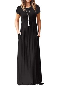 auselily women's solid plain short sleeve round neck maxi casual long dresses black large