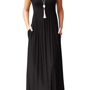 AUSELILY Women's Solid Plain Short Sleeve Round Neck Maxi Casual Long Dresses Black Large