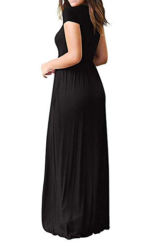 AUSELILY Women's Solid Plain Short Sleeve Round Neck Maxi Casual Long Dresses Black Large