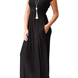 AUSELILY Women's Solid Plain Short Sleeve Round Neck Maxi Casual Long Dresses Black Large