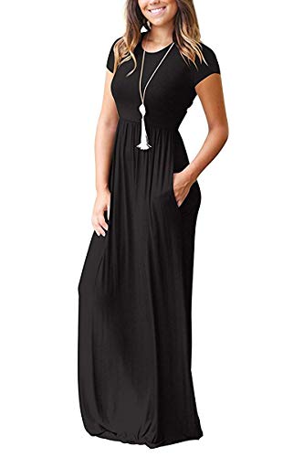 AUSELILY Women's Solid Plain Short Sleeve Round Neck Maxi Casual Long Dresses Black Large