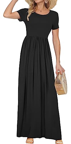 AUSELILY Women's Solid Plain Short Sleeve Round Neck Maxi Casual Long Dresses Black Large