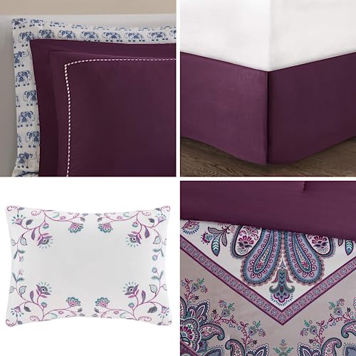 Intelligent Design Complete Bed In A Bag Casual Boho Comforter with Sheet Set Decorative Pillow, All Season Bedding Set, Queen, Tulay Purple 9 Piece