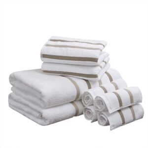 comfort spaces cotton 8 piece bath towel set striped ultra soft hotel quality quick dry absorbent bathroom shower hand face washcloths, multi-sizes, zero twist taupe 8 piece