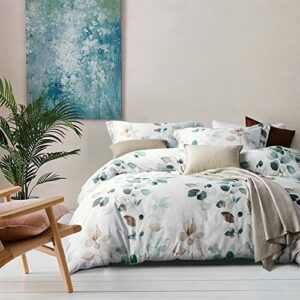 mildly duvet cover king size 100% egyptian cotton gradient teal blue leaves plant pattern printed comforter cover set ultra soft & breathable unique design farmhouse bedding set 3pcs (no comforter)