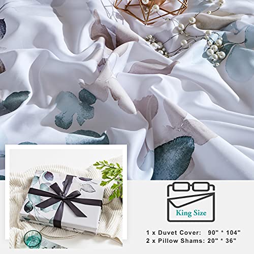 MILDLY Duvet Cover King Size 100% Egyptian Cotton Gradient Teal Blue Leaves Plant Pattern Printed Comforter Cover Set Ultra Soft & Breathable Unique Design Farmhouse Bedding Set 3pcs (No Comforter)