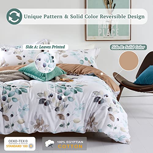 MILDLY Duvet Cover King Size 100% Egyptian Cotton Gradient Teal Blue Leaves Plant Pattern Printed Comforter Cover Set Ultra Soft & Breathable Unique Design Farmhouse Bedding Set 3pcs (No Comforter)