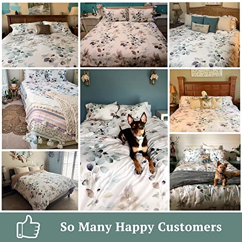 MILDLY Duvet Cover King Size 100% Egyptian Cotton Gradient Teal Blue Leaves Plant Pattern Printed Comforter Cover Set Ultra Soft & Breathable Unique Design Farmhouse Bedding Set 3pcs (No Comforter)