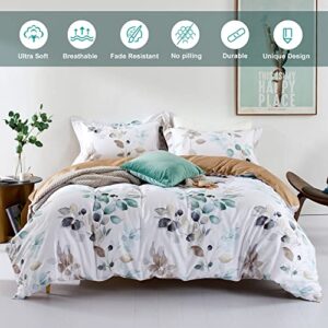 MILDLY Duvet Cover King Size 100% Egyptian Cotton Gradient Teal Blue Leaves Plant Pattern Printed Comforter Cover Set Ultra Soft & Breathable Unique Design Farmhouse Bedding Set 3pcs (No Comforter)