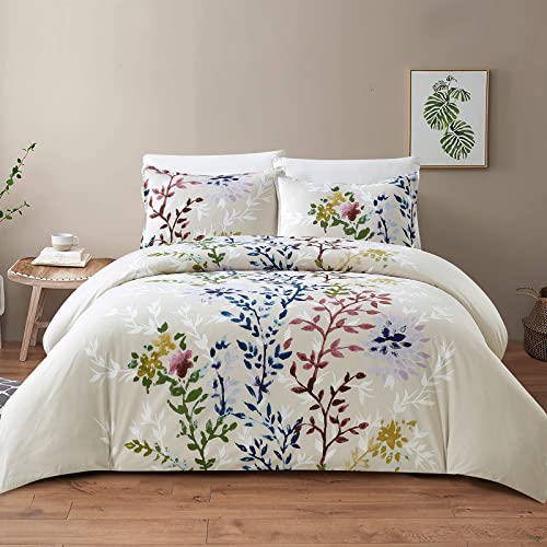 Style Quarters Dahlia Lane 3pc Duvet Cover Set - Multi-Color Floral Stems with White Leafy Silhouettes - 100% Cotton - Machine Washable - Includes 1 Duvet Cover + 2 Shams (Queen)