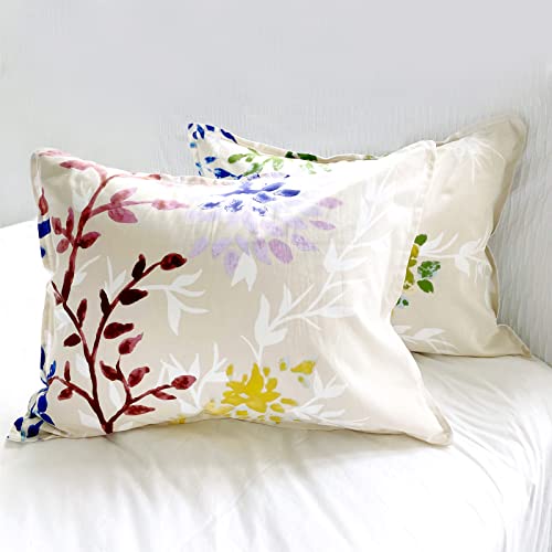 Style Quarters Dahlia Lane 3pc Duvet Cover Set - Multi-Color Floral Stems with White Leafy Silhouettes - 100% Cotton - Machine Washable - Includes 1 Duvet Cover + 2 Shams (Queen)