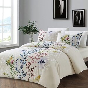 Style Quarters Dahlia Lane 3pc Duvet Cover Set - Multi-Color Floral Stems with White Leafy Silhouettes - 100% Cotton - Machine Washable - Includes 1 Duvet Cover + 2 Shams (Queen)