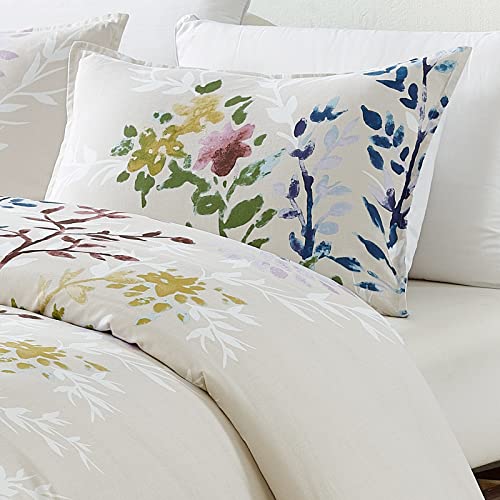 Style Quarters Dahlia Lane 3pc Duvet Cover Set - Multi-Color Floral Stems with White Leafy Silhouettes - 100% Cotton - Machine Washable - Includes 1 Duvet Cover + 2 Shams (Queen)