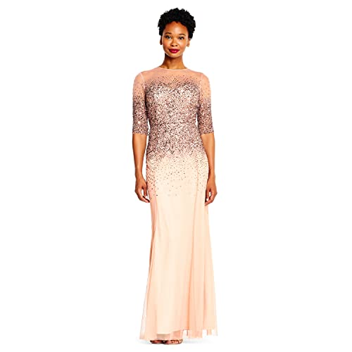 Adrianna Papell Women's Dresse's 3/4 Sleeve Beaded Illusion Gown with Sweetheart Neckline, Rosegold, 10