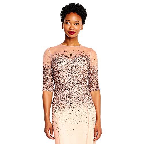 Adrianna Papell Women's Dresse's 3/4 Sleeve Beaded Illusion Gown with Sweetheart Neckline, Rosegold, 10