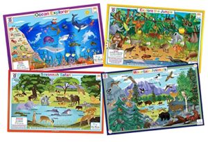 tot talk educational kids placemats - animals nature of 4 table mats: ocean, jungle, savanna, mountain animals - reversible activities - waterproof, washable, wipeable, durable, double-sided