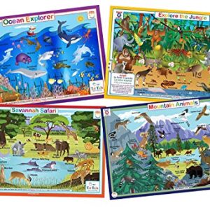 Tot Talk Educational Kids Placemats - Animals Nature of 4 Table Mats: Ocean, Jungle, Savanna, Mountain Animals - Reversible Activities - Waterproof, Washable, Wipeable, Durable, Double-Sided