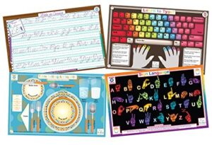 tot talk educational kids placemats: learn to type, cursive, sign language, table setting & etiquette- reversible activities- waterproof, washable, wipeable, double-sided table mats, made in the usa