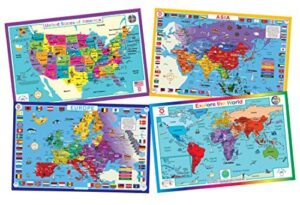 tot talk geography placemats for kids - map placemats for kids, set of 4 maps: usa, world, asia, europe - reversible with activities on the back - waterproof, wipeable, durable, made in the usa