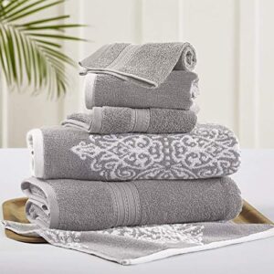 amrapur overseas | artesia damask 6 piece reversible yarn dyed jacquard towel set (grey)
