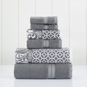 modern threads trefoil filigree 6-piece reversible yarn dyed jacquard towel set - bath towels, hand towels, & washcloths - super absorbent & quick dry - 100% combed cotton