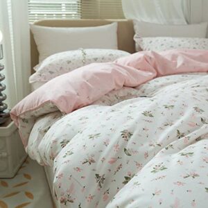 LifeTB Cotton Floral Duvet Cover Queen Girl Pink Flower Bedding Sets Garden Style Cotton Comforter Cover Pink White Floral Bedding Sets Flower Branches Pattern Duvet Cover with Zipper Closure