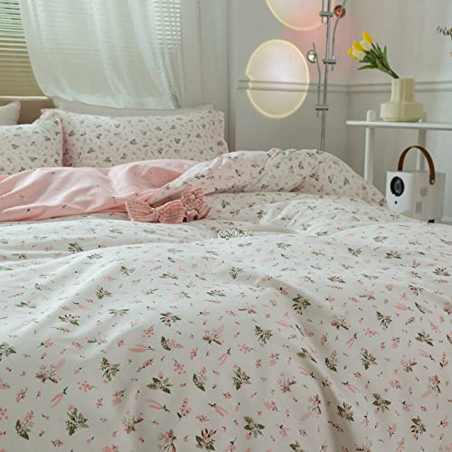 LifeTB Cotton Floral Duvet Cover Queen Girl Pink Flower Bedding Sets Garden Style Cotton Comforter Cover Pink White Floral Bedding Sets Flower Branches Pattern Duvet Cover with Zipper Closure