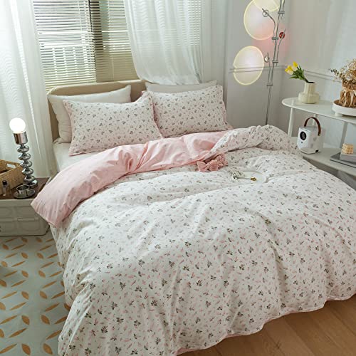 LifeTB Cotton Floral Duvet Cover Queen Girl Pink Flower Bedding Sets Garden Style Cotton Comforter Cover Pink White Floral Bedding Sets Flower Branches Pattern Duvet Cover with Zipper Closure