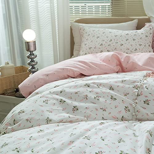 LifeTB Cotton Floral Duvet Cover Queen Girl Pink Flower Bedding Sets Garden Style Cotton Comforter Cover Pink White Floral Bedding Sets Flower Branches Pattern Duvet Cover with Zipper Closure