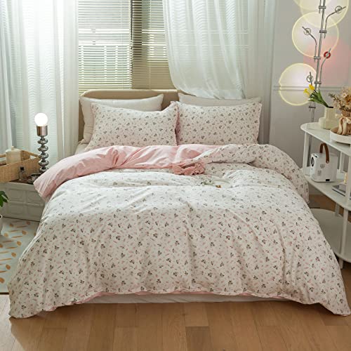 LifeTB Cotton Floral Duvet Cover Queen Girl Pink Flower Bedding Sets Garden Style Cotton Comforter Cover Pink White Floral Bedding Sets Flower Branches Pattern Duvet Cover with Zipper Closure