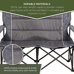 TIMBER RIDGE 2 Person Folding Loveseat Comfortable Double Foldable Camping Chair Folding Lawn chairs for Outside, Grey