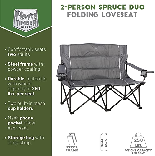 TIMBER RIDGE 2 Person Folding Loveseat Comfortable Double Foldable Camping Chair Folding Lawn chairs for Outside, Grey