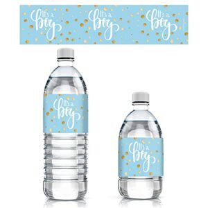 blue and gold it's a boy baby shower water bottle labels - 24 stickers