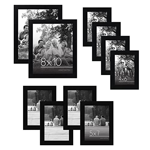 Americanflat 10 Pack Black Picture Frames Collage Wall Decor - Gallery Wall Frame Set with Two 8x10, Four 5x7, and Four 4x6 Frames, Shatter Resistant Glass, Hanging Hardware, and Easel Included