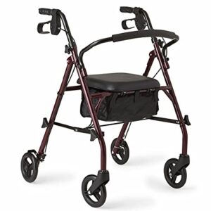 Medline Rollator Walker with Seat, Steel Rolling Walker with 6-inch Wheels Supports up to 350 lbs, Medical Walker, Burgundy