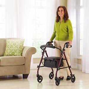 Medline Rollator Walker with Seat, Steel Rolling Walker with 6-inch Wheels Supports up to 350 lbs, Medical Walker, Burgundy