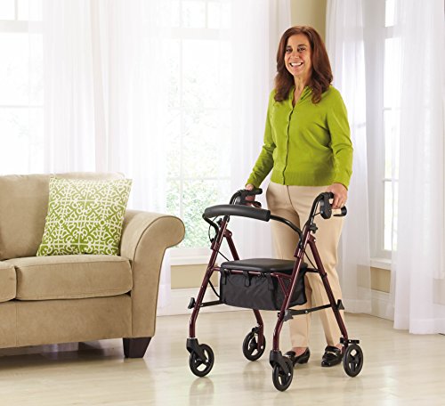 Medline Rollator Walker with Seat, Steel Rolling Walker with 6-inch Wheels Supports up to 350 lbs, Medical Walker, Burgundy