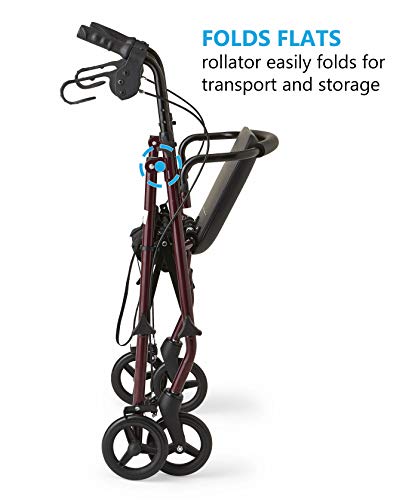 Medline Rollator Walker with Seat, Steel Rolling Walker with 6-inch Wheels Supports up to 350 lbs, Medical Walker, Burgundy