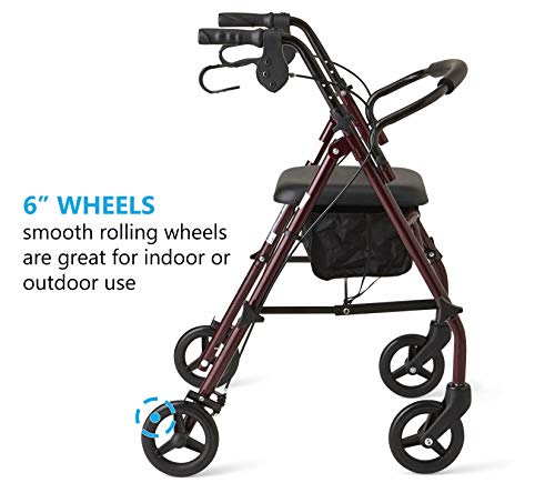 Medline Rollator Walker with Seat, Steel Rolling Walker with 6-inch Wheels Supports up to 350 lbs, Medical Walker, Burgundy