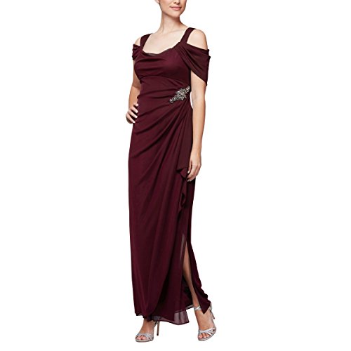 Alex Evenings Women's Long Cold Shoulder Dress (Petite and Regular Sizes), Beaded Wine, 12P